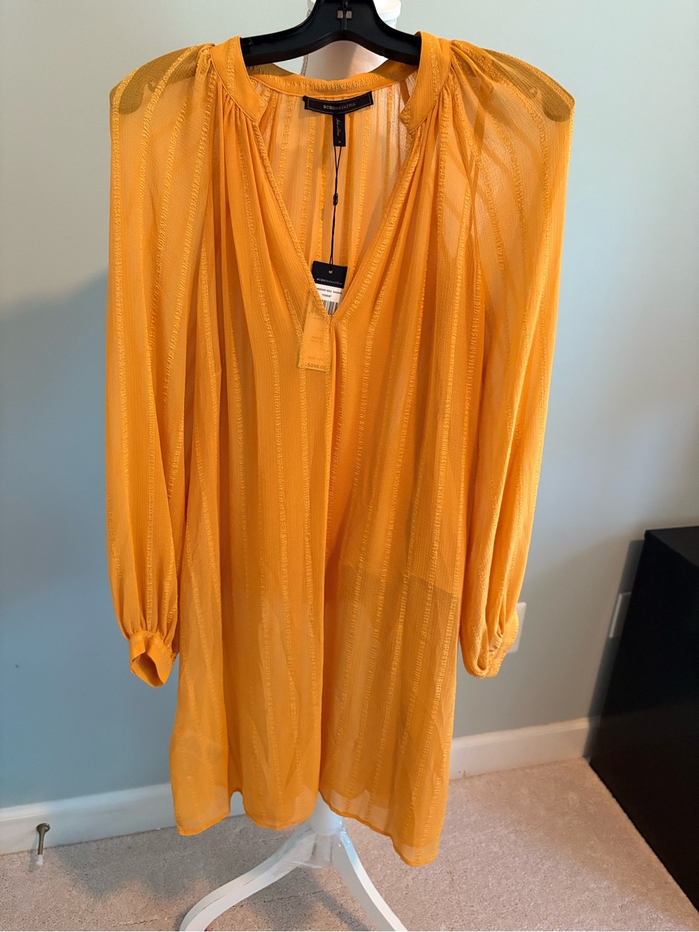 BCBGMaxAzria Mustard Sheer Long-Sleeve Dress